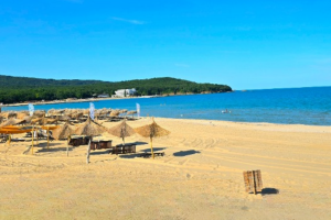 Primorsko beach with umbrellas and sunbeds