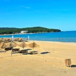 Primorsko beach with umbrellas and sunbeds