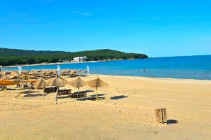 Primorsko beach with umbrellas and sunbeds